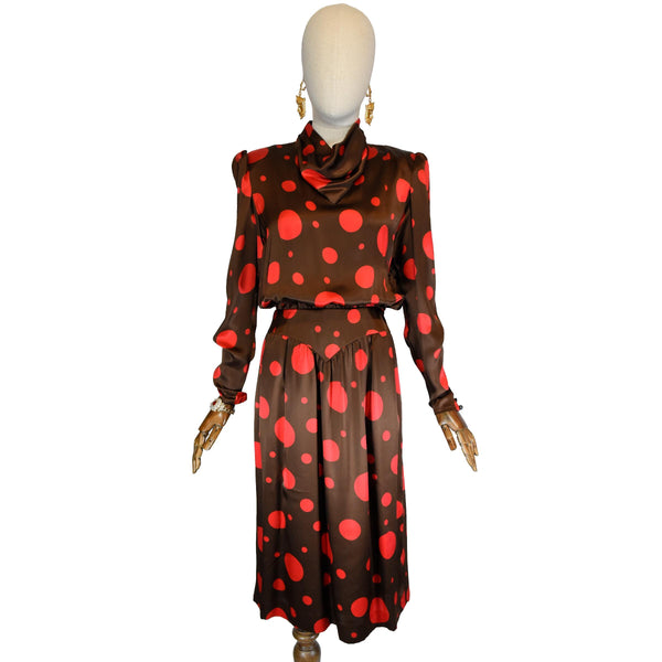 VALENTINO vintage dress, brown with red polka dots satin dress from the 90s, VALENTINO Miss V elegant italian dress, designer luxury dress.