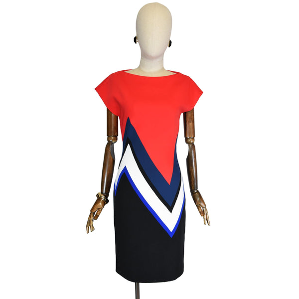 ANDREA ODICINI dress, vintage 1990s sleeveless geometric pattern dress,  elegant Italian couture dress, ODICINI 90s color block dress.