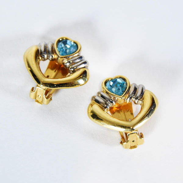 VINTAGE 90s heart earrings,  clip earrings gold and silver tone with blue stone, retro vintage jewelry, elegant 90s style clip-on earrings.