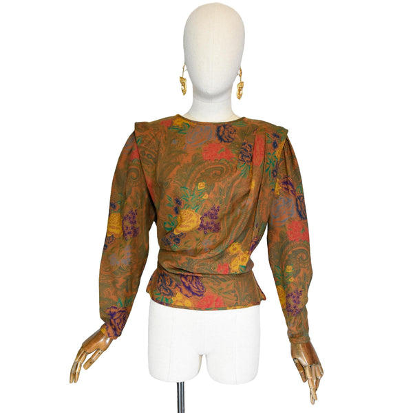 EMANUEL UNGARO blouse, vintage floral print blouse, UNGARO Parallele 90s wool blouse with pleated details, designer vintage top.