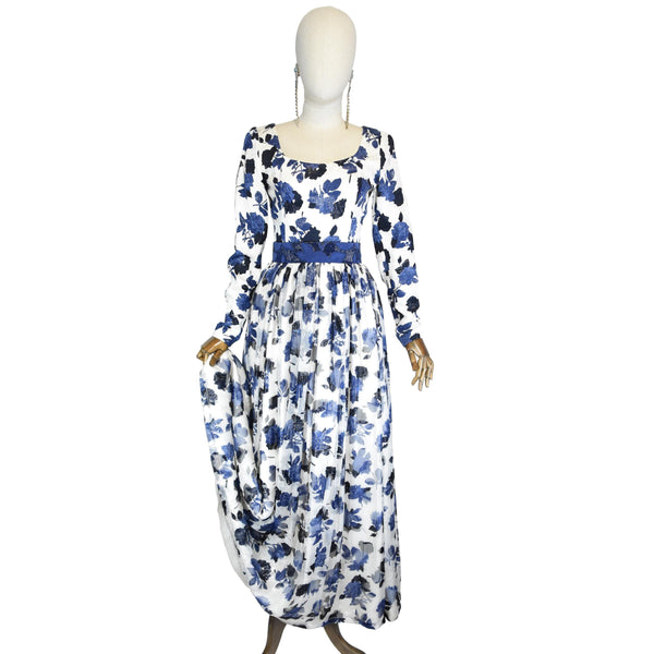 VINTAGE 1990s evening gown,  long silk evening dress , blue floral print gown with chiffon layers, floral silk blue and white party dress.