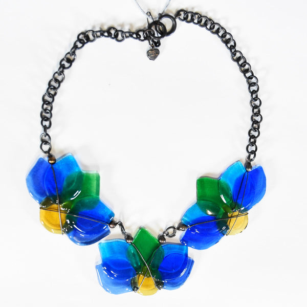 MOSCHINO vintage necklace, 1990s murano glass flowers necklace, Moschino vintage chain floral necklace, designer  statement jewelry.