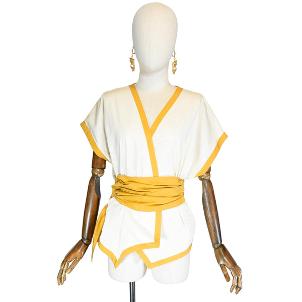 FONTANA MILANO 1970s blouse, white kimono wrap blouse with mustard trim, vintage cotton 70s kimono-style top, wrap-around blouse.