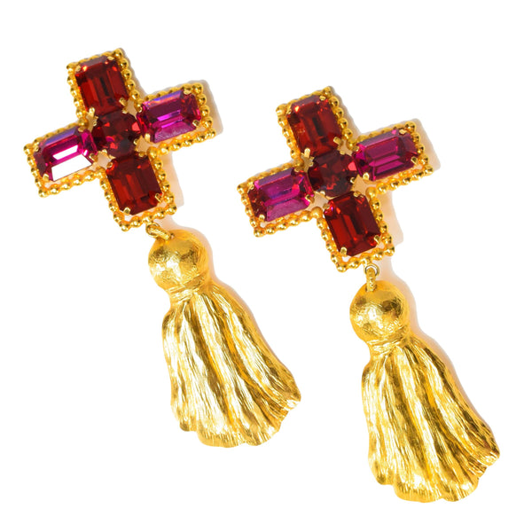 SAINT LAURENT earrings, documented 1990s YSL cross earrings, gold tassel Yves Saint Laurent Rive Gauche vintage maxi earrings.