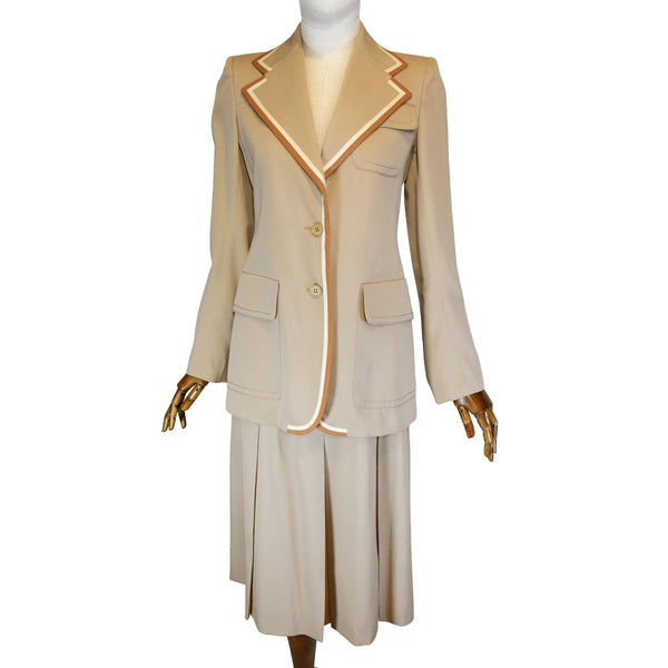 TED LAPIDUS 1970s suit, Ted Lapidus boutique haute couture two piece suit, 70s French designer taupe wool ensemble, 70s skit set.