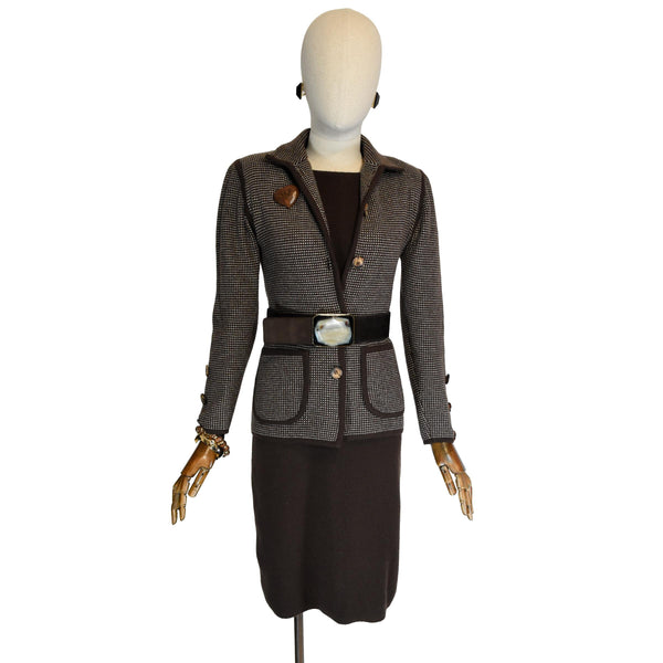 ANDREA ODICINI knit set, vintage 1990s three-piece knit outfit, brown dress and cardigan with signed suede belt, designer knit ensemble.