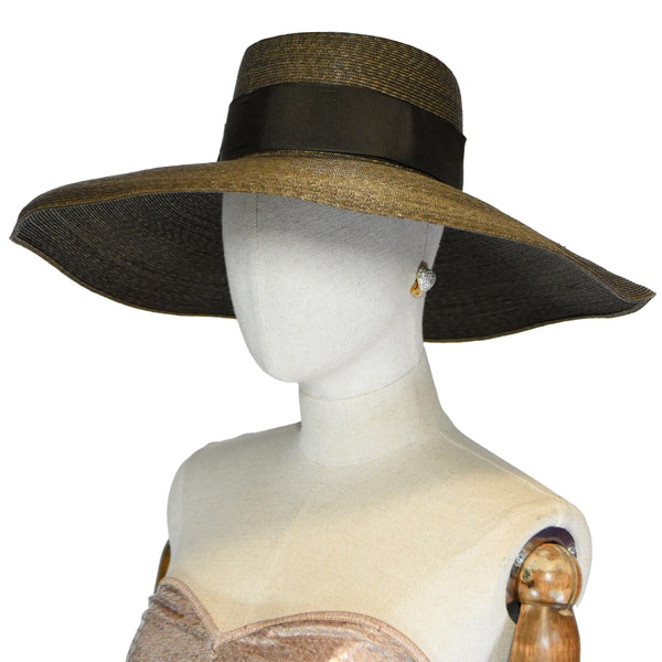 GIANNI VERSACE vintage hat, VERSACE by Borsalino wide-brim hat, 1980s brown straw with grosgrain ribbon, luxury Italian accessories.