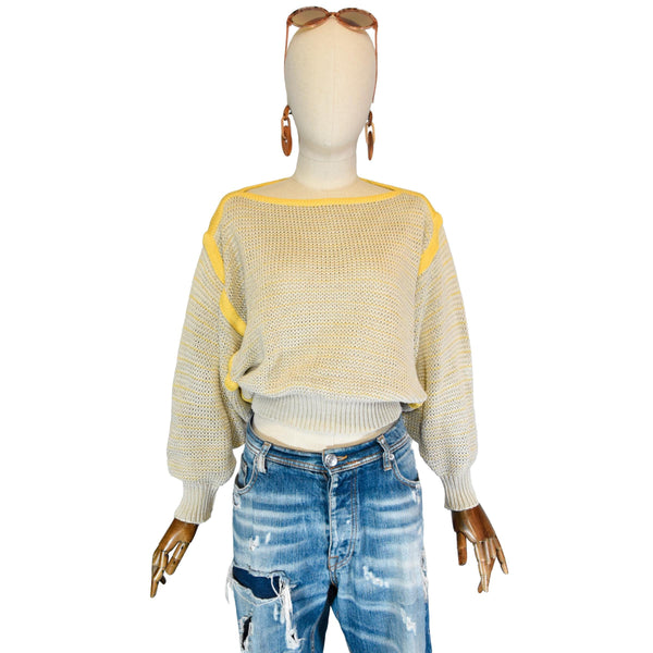 ESCADA 80s sweater, Escada vintage beige and yellow cropped batwing sleeve sweater, 1980s cotton cropped pullover, vintage knit top.