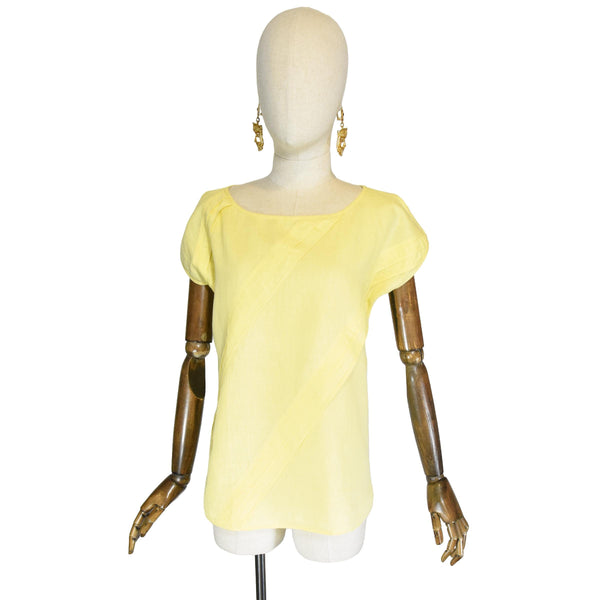 GIANNI VERSACE 80s blouse, yellow cotton blouse with diagonal pin tuck details, vintage VERSACE short sleeve top, light summer top.