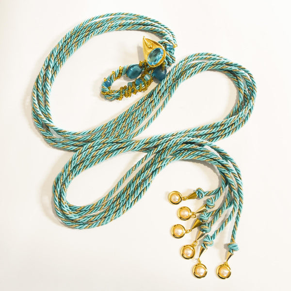 VINTAGE 70s cord belt, blue and gold cord belt with glass beads and metallic charms, 1970s adjustable bohemian cord belt.