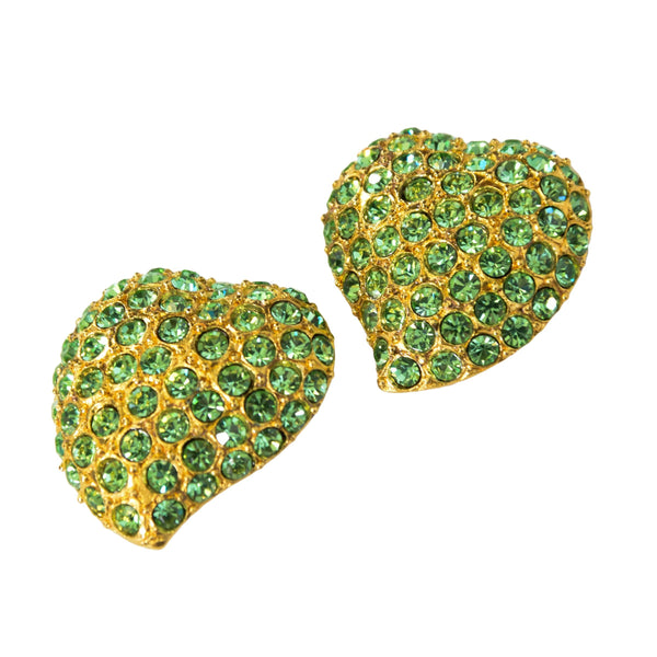 VINTAGE YSL earrings, Yves Saint laurent heart clip-on earrings, green rhinestones and gold tone metal heart shaped earrings, luxury jewelry