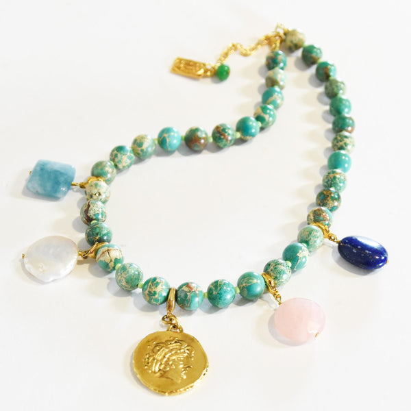 PHILIPPE FERRANDIS necklace, VINTAGE Philippe Ferrandis 90s turquoise stone necklace with removable charms, designer luxury jewelry.