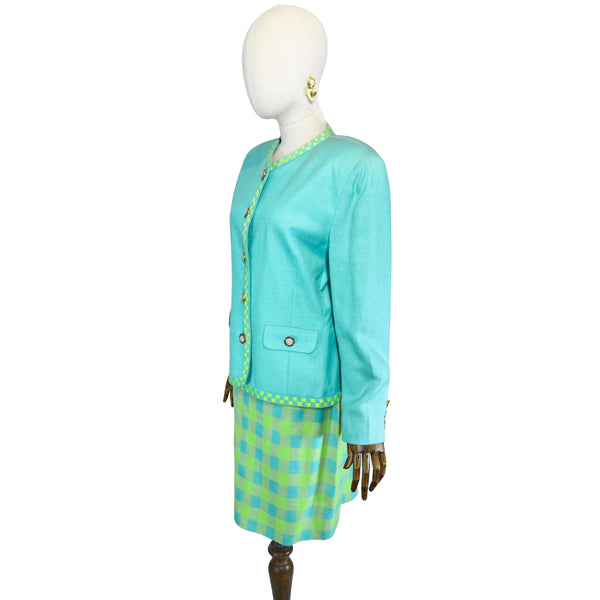 VINTAGE skirt suit, CARA Brussels 90s blue jacket and skirt suit, checked pattern 1990s two-piece blue and green suit, linen blend tailleur.