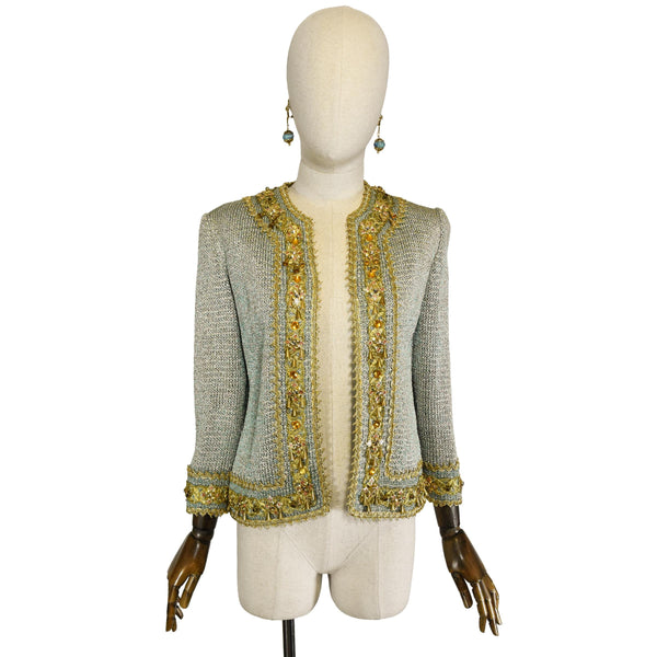 VINTAGE 1970s cardigan, DONATO Milano 70s vintage water green knit cardigan with gold thread, sequins, and beads, evening jacket.