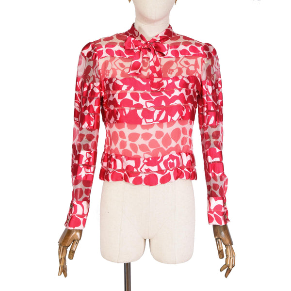 CHANEL Haute Couture silk blouse, fuchsia floral print with satin and crepe bands top, 1970s VINTAGE Chanel silk blouse with floral print.