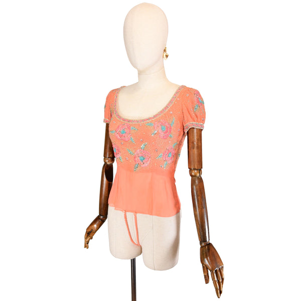 VINTAGE silk top with floral embroidery and sequins, body effect salmon color top, embroidered silk top with floral sequins from the '50s