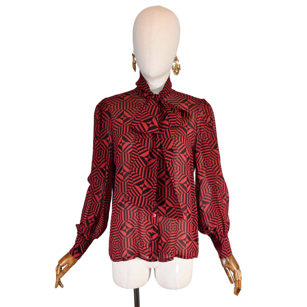 GUY LAROCHE blouse, vintage 90s chiffon blouse with burgundy geometric print, neck tie top, designer bow blouse, Vintage shirt.