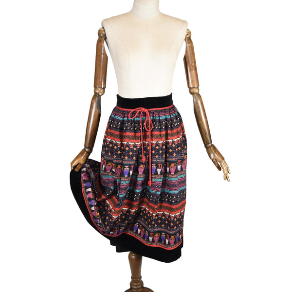 VINTAGE 70s boho skirt, DAVID MOLHO ethnic print skirt, 1970s folk style skirt with velvet trim, vintage bohemian printed skirt.