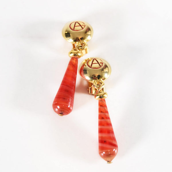 GIORGIO ARMANI vintage red teardrop earrings, gold-tone clip-on earrings signed GA, Armani 90s red glass drop, statement earrings.