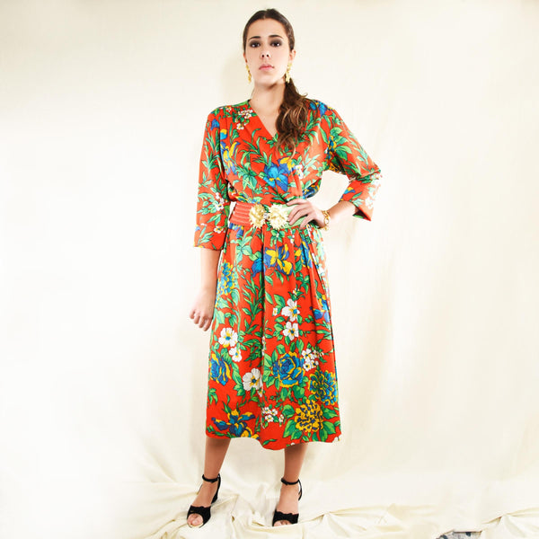 SAINT LAURENT dress, Yves Saint Laurent vintage 80s wrap dress, red floral cotton midi iconic YSL dress, designer dress.