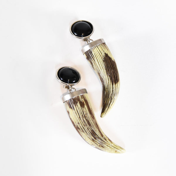 MOSCHINO clip-on earrings 90s silver tone with black acrylic and resin horn, MOSCHINO vintage statement earrings, Moschino jewelry.