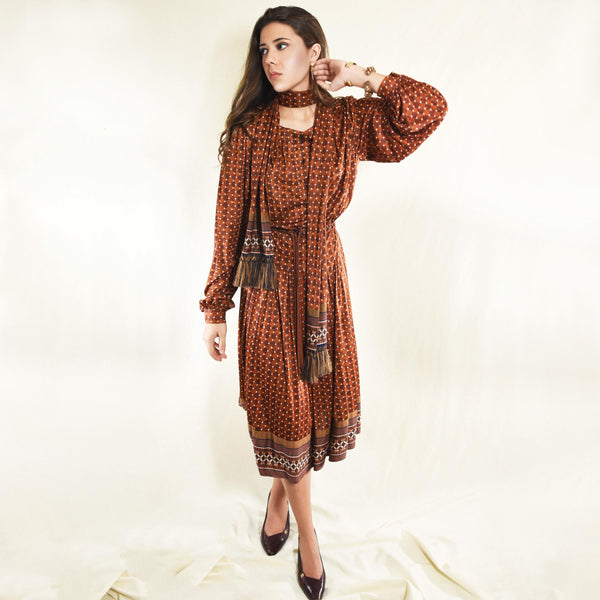 Vintage 70s dress, TRICOSA 1970s oxid red geometric dress with belt & scarf, DOCUMENTED TRICOSA '78 autumn long-sleeve dress.