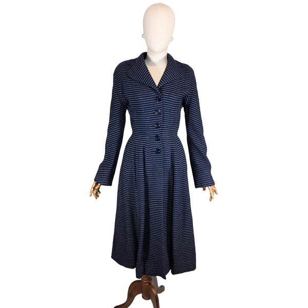 PEDRO RODRÍGUEZ coat, vintage 1950s navy wool coat dress with stripes and fitted waist, Spanish rare haute couture 50s buttoned coat.