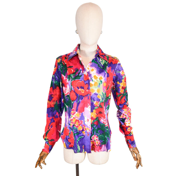 ETRO floral cotton shirt, vintage luxury Italian blouse size L, Etro multicolor long sleeve blouse, designer fashion top.