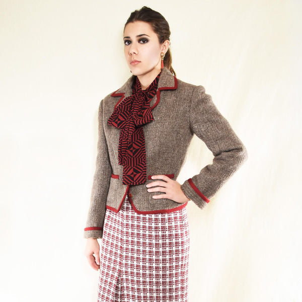 VINTAGE 70s jacket, CHRISTIAN AUJARD documented taupe wool jacket with red trim, vintage designer wool blazer.