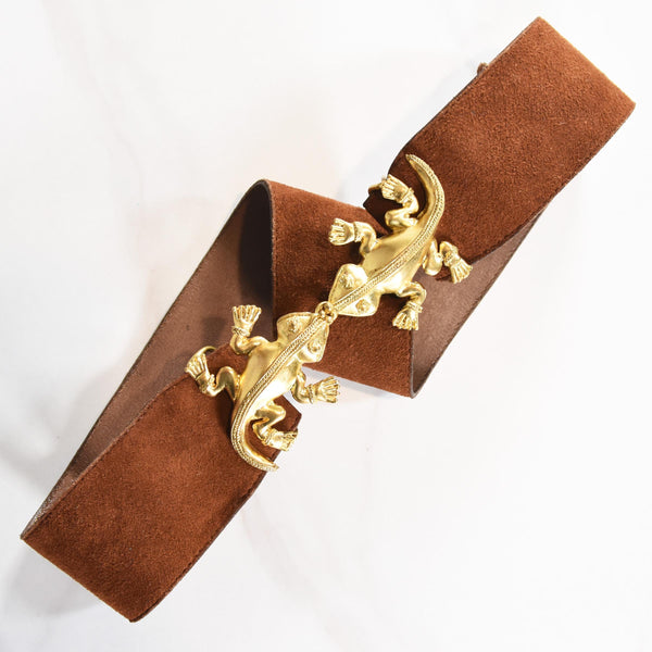 VINTAGE 90s brown suede statement belt, gold lizard buckle unique design, 1990s adjustable belt with golden animal buckle.