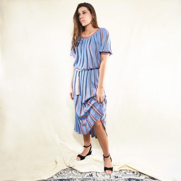 LA SQUADRA set, 80s two-piece striped knit set in blue and maroon viscose blend, VINTAGE 1980s italian skirt and top knit set.