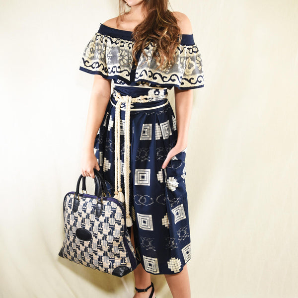 LUIS MARI vintage dress, 80s navy blue boho dress with ruffle and belt, blue printed cotton dress with cord belt and off-shoulder ruffle.