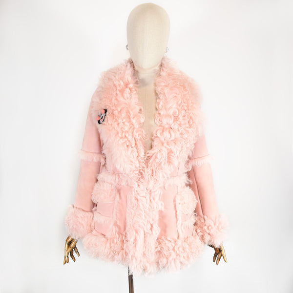 TETE BY ODETTE muton coat, boho chic luxury shearling jacket size M, bohemian style vintage outerwear, pink fur coat.