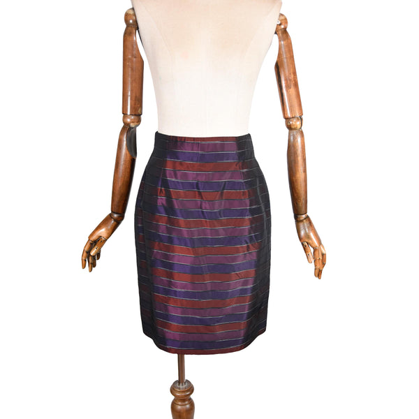 NINA RICCI vintage pencil skirt, striped purple and burgundy 90s branded skirt, classic straight-cut striped Nina Ricci chic skirt.