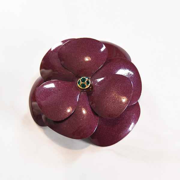 VINTAGE Missoni brooch, 90s purple enamel camellia with green strass, unsigned Missoni floral metallic enamel brooch.