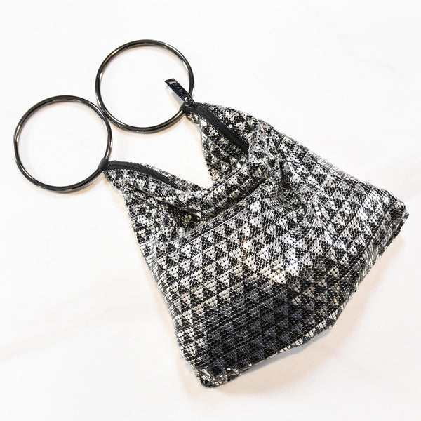 WHITING & DAVIS handbag, silver and black mesh deco triangles bracelet bag, oroton type ring handles evening bag, top handle bag.