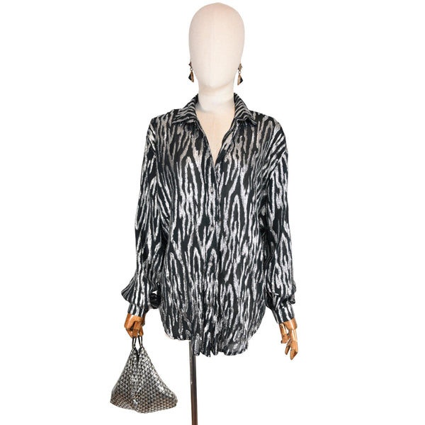 DAVID MAC G 80s blouse, vintage 80s lurex blouse, sheer black and silver lurex zebra pattern party blouse, oversized disco shiny top.