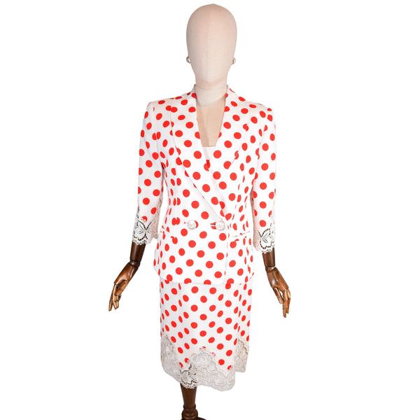 GAI MATTIOLO ensemble, vintage polka dot suit with lace detailing and royal provenance, luxury polka dot dress and jacket.