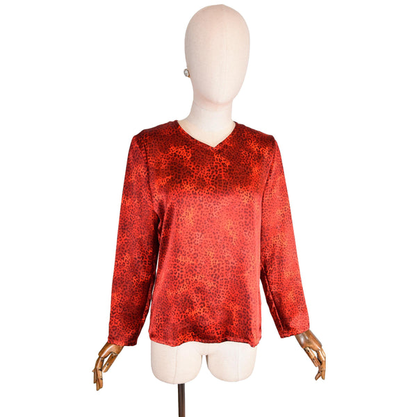 YVES SAINT LAURENT blouse, red silk animal print blouse from the 2000s with long sleeves, Ysl satin designer top in red animal print.