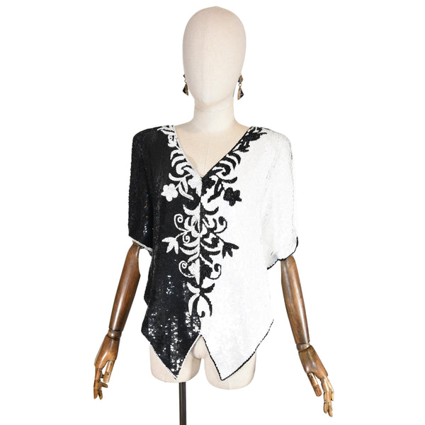 FRANK USHER sequin top, vintage 80s evening sequin top, black and Iridescent white party blouse, beads embroidery evening shiny top.