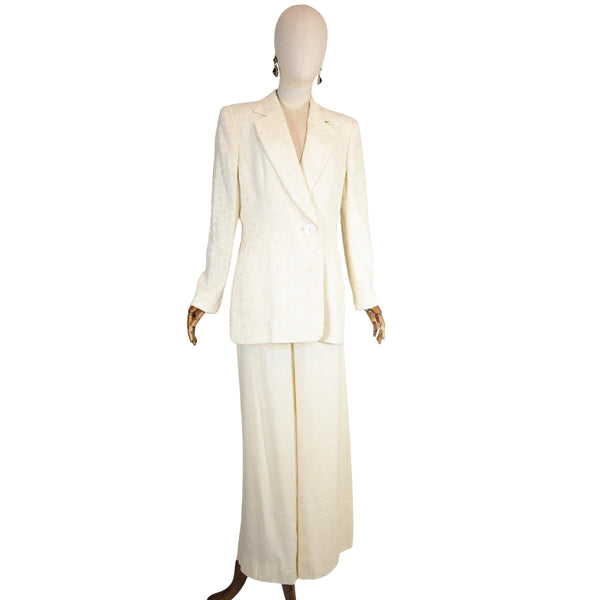 GAI MATTIOLO COUTURE vintage suit, linen blend suit in bone color, embroidered blazer and wide leg pants set , royal provenance suit.