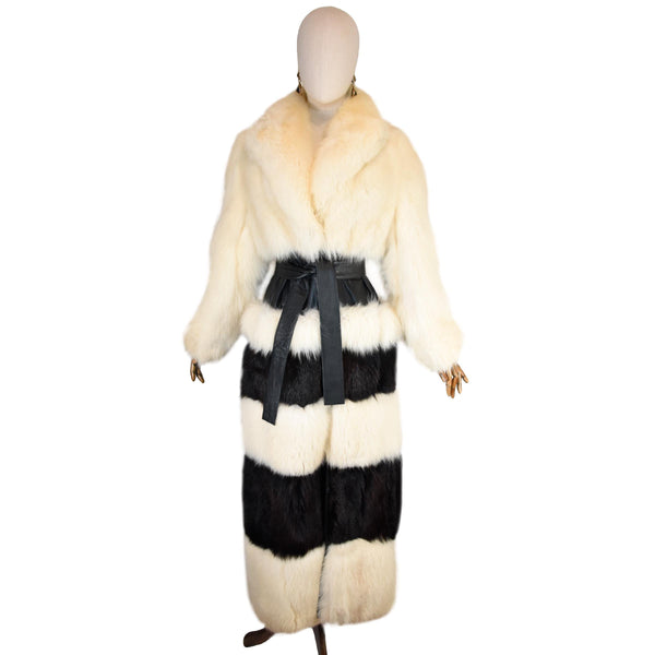 BURBERRYS vintage 80s fur coat, black and white long fur coat with black leather waist, designer fur coat, luxury vintage coat.