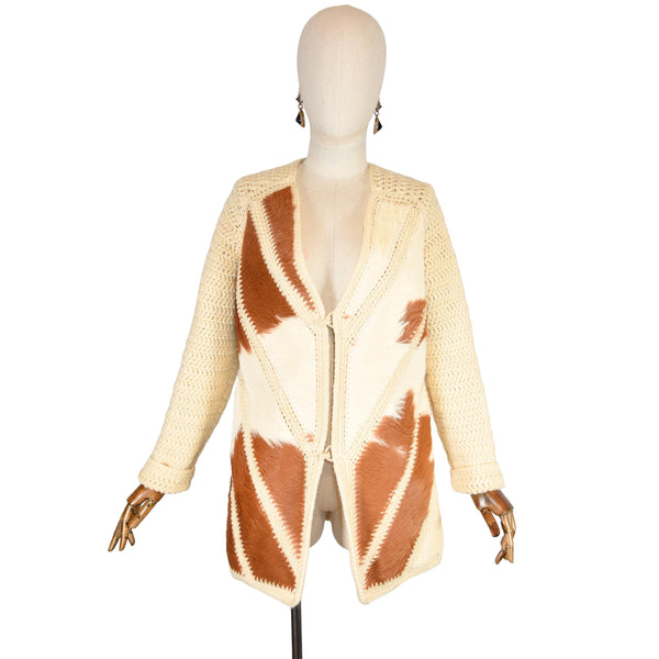 PACO RABANNE vintage 1970s jacket, beige knit coat with geometric fur panels, rare Paco Rabanne design couture piece,  70s knit jacket.