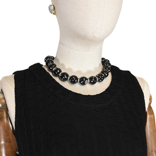 SHARRA PAGANO necklace,  vintage 90s choker necklace, black resin beads collar,  rhinestone embellishments necklace, designer jewelry.