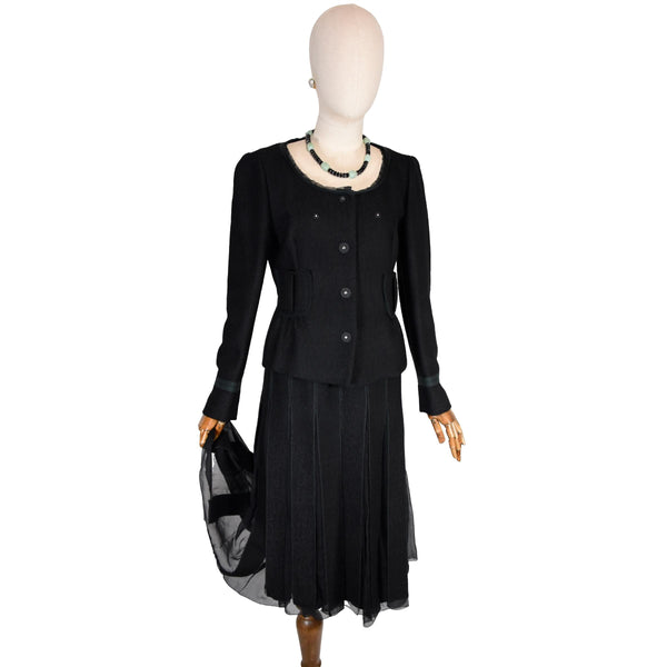 PRADA vintage suit,  2000s skirt and jacket set, PRADA black wool ensemble, Italian luxury designer skirt suit, layered midi skirt.