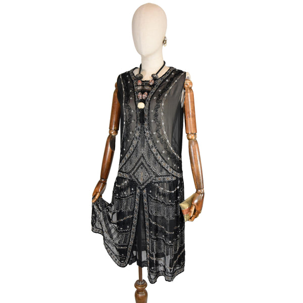 AUTHENTIC 1920s Flapper Dress, Black Chiffon Beaded party dress, Roaring 20s Sleeveless antique dress, 20s  Gatsby Style embroidered dress.