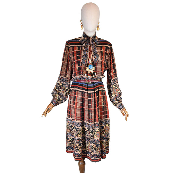 LUIS MARI vintage 80s dress, ethnic print brown long sleeve midi dress, vintage bohemian dress with tie neck, folk style boho chic dress.