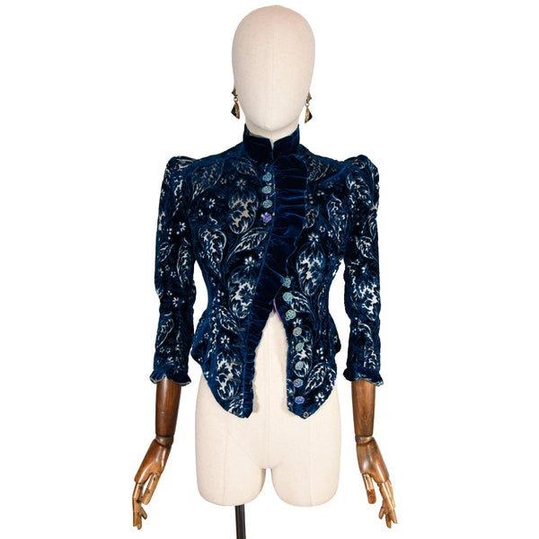 ANTIQUE VICTORIAN bodice, late 1800s blue velvet bodice with floral pattern and glass buttons, collector 19th century historical bodice.