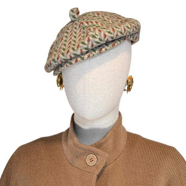 PIERRE CARDIN vintage 70s beret, wool herringbone newsboy cap, beige green brown cap, retro designer warm vintage hat, designer beret.