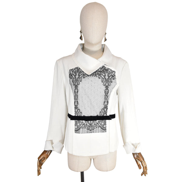 NINA RICCI jacket, white jacket with black lace and velvet ribbon, designer vintage wrap closure jacket, Nina Ricci luxury jacket, size 38.